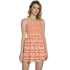 Coral And White Owl Pattern Sleeveless High Waist Mini Dress by GardenOfOphir