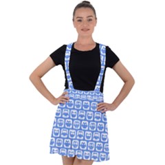 Blue And White Owl Pattern Velvet Suspender Skater Skirt by GardenOfOphir