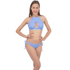 Blue And White Owl Pattern Cross Front Halter Bikini Set by GardenOfOphir