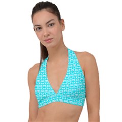 Aqua Turquoise And White Owl Pattern Halter Plunge Bikini Top by GardenOfOphir