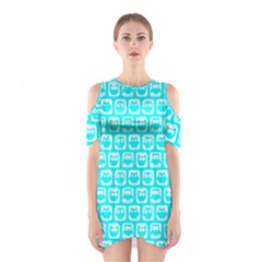 Aqua Turquoise And White Owl Pattern Shoulder Cutout One Piece Dress