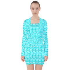 Aqua Turquoise And White Owl Pattern V-neck Bodycon Long Sleeve Dress by GardenOfOphir