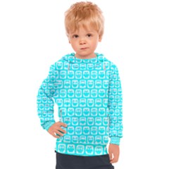 Aqua Turquoise And White Owl Pattern Kids  Hooded Pullover by GardenOfOphir