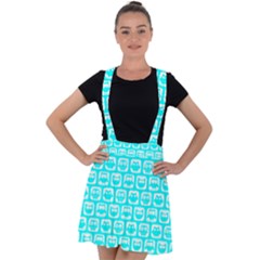 Aqua Turquoise And White Owl Pattern Velvet Suspender Skater Skirt by GardenOfOphir