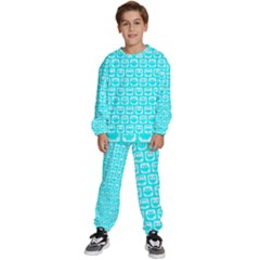 Aqua Turquoise And White Owl Pattern Kids  Sweatshirt Set by GardenOfOphir