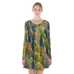 Forest Trees Leaves Fall Autumn Nature Sunshine Long Sleeve Velvet V-neck Dress by Ravend