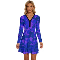 Cold Colorful Geometric Abstract Pattern Long Sleeve Deep V Mini Dress 