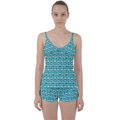 Teal And White Owl Pattern Tie Front Two Piece Tankini by GardenOfOphir