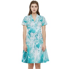 Tropical Blue Ocean Wave Short Sleeve Waist Detail Dress