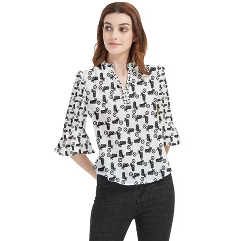 Chooper Motorcycle Drawing Motif Pattern Loose Horn Sleeve Chiffon Blouse by dflcprintsclothing