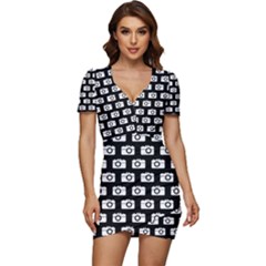 Modern Chic Vector Camera Illustration Pattern Low Cut Cap Sleeve Mini Dress by GardenOfOphir