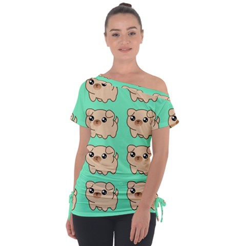 Puppy Pattern Dog Pet Off Shoulder Tie-up Tee by Jancukart