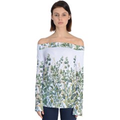 Gold And Green Eucalyptus Leaves Off Shoulder Long Sleeve Top by Jack14