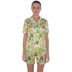 Tropical Leaf Leaves Palm Green Satin Short Sleeve Pajamas Set