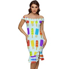 Background-29 Off Shoulder Ruffle Split Hem Bodycon Dress