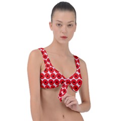 Red Peony Flower Pattern Front Tie Bikini Top by GardenOfOphir