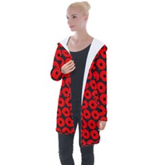 Charcoal And Red Peony Flower Pattern Longline Hooded Cardigan by GardenOfOphir