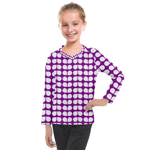 Purple And White Leaf Pattern Kids  Long Mesh Tee by GardenOfOphir
