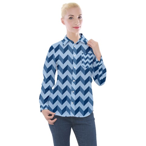 Modern Retro Chevron Patchwork Pattern Women s Long Sleeve Pocket Shirt by GardenOfOphir