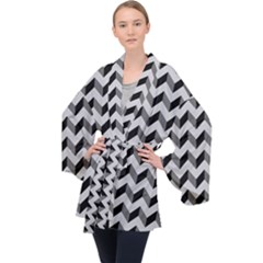 Modern Retro Chevron Patchwork Pattern Long Sleeve Velvet Kimono  by GardenOfOphir