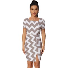 Beige Chevron Pattern Gifts Fitted Knot Split End Bodycon Dress by GardenOfOphir