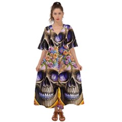 Skull With Flowers - Day Of The Dead Kimono Sleeve Boho Dress by GardenOfOphir