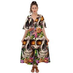 Gothic Skull With Flowers - Cute And Creepy Kimono Sleeve Boho Dress by GardenOfOphir