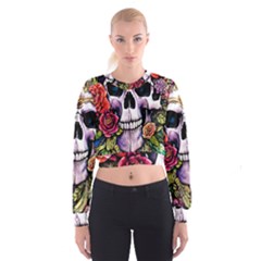 Sugar Skull With Flowers - Day Of The Dead Cropped Sweatshirt