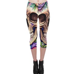 Retro Gothic Skull With Flowers - Cute And Creepy Capri Leggings  by GardenOfOphir