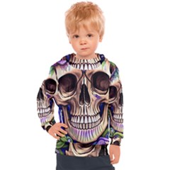 Retro Gothic Skull With Flowers - Cute And Creepy Kids  Hooded Pullover by GardenOfOphir