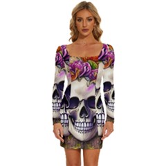 Cute Skulls And Bones Long Sleeve Square Neck Bodycon Velvet Dress