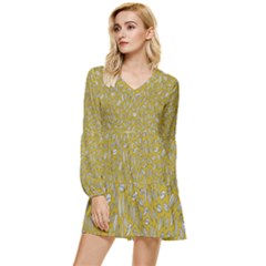 Leaves-014 Tiered Long Sleeve Mini Dress