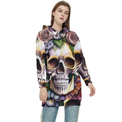 Death Skull Floral Women s Long Oversized Pullover Hoodie by GardenOfOphir