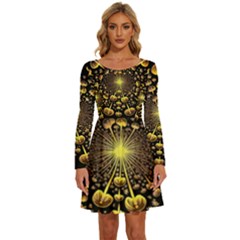 Mushroom Fungus Gold Psychedelic Long Sleeve Wide Neck Velvet Dress by Ravend