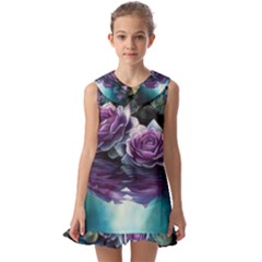 Roses Water Lilies Watercolor Kids  Pilgrim Collar Ruffle Hem Dress by Ravend