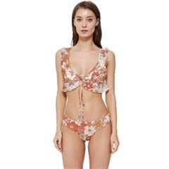 Flowers Petals Leaves Floral Print Low Cut Ruffle Edge Bikini Set by Ravend