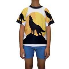 Wolf Wild Animal Night Moon Kids  Short Sleeve Swimwear