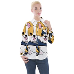 Puppy Cartoon Corgi Women s Long Sleeve Pocket Shirt