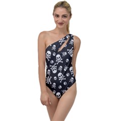 Skull-crossbones-seamless-pattern-holiday-halloween-wallpaper-wrapping-packing-backdrop To One Side Swimsuit by Ravend