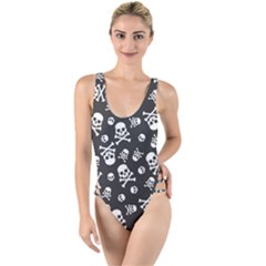 Skull-crossbones-seamless-pattern-holiday-halloween-wallpaper-wrapping-packing-backdrop High Leg Strappy Swimsuit by Ravend