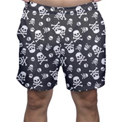 Skull-crossbones-seamless-pattern-holiday-halloween-wallpaper-wrapping-packing-backdrop Men s Shorts by Ravend