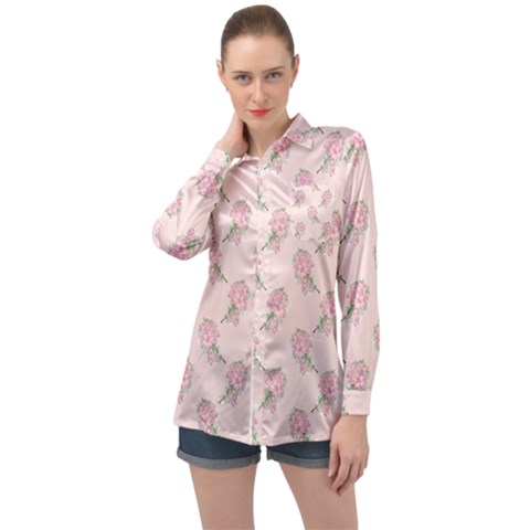 Flowers Bloom Blossom Pastel Pink Pattern Long Sleeve Satin Shirt by Jancukart