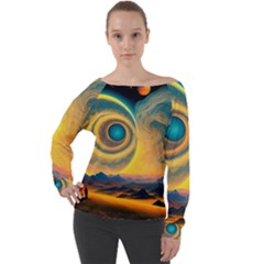 Ai Generated Surrealist Fantasy Dream Moon Space Off Shoulder Long Sleeve Velour Top by Jancukart