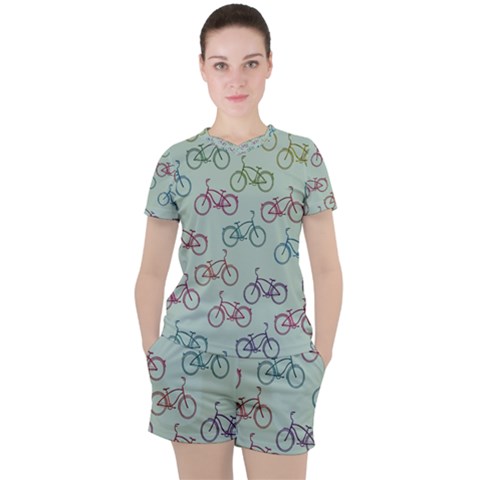 Bicycle Bikes Pattern Ride Wheel Cycle Icon Women s Tee And Shorts Set by Jancukart