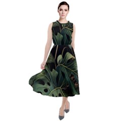 Tropical Leaves Leaf Foliage Monstera Nature Home Round Neck Boho Dress by Jancukart