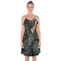 Tropical Leaves Foliage Monstera Nature Home Ruffle Detail Chiffon Dress by Jancukart