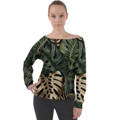 Tropical Leaves Foliage Monstera Nature Home Art Off Shoulder Long Sleeve Velour Top by Jancukart