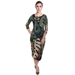 Tropical Leaves Foliage Monstera Nature Home Art Quarter Sleeve Midi Velour Bodycon Dress by Jancukart