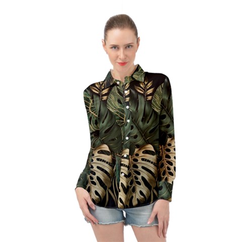 Tropical Leaves Foliage Monstera Nature Home Art Long Sleeve Chiffon Shirt by Jancukart