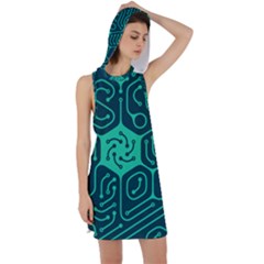 Circuit Hexagonal Geometric Pattern Background Green Racer Back Hoodie Dress by Jancukart